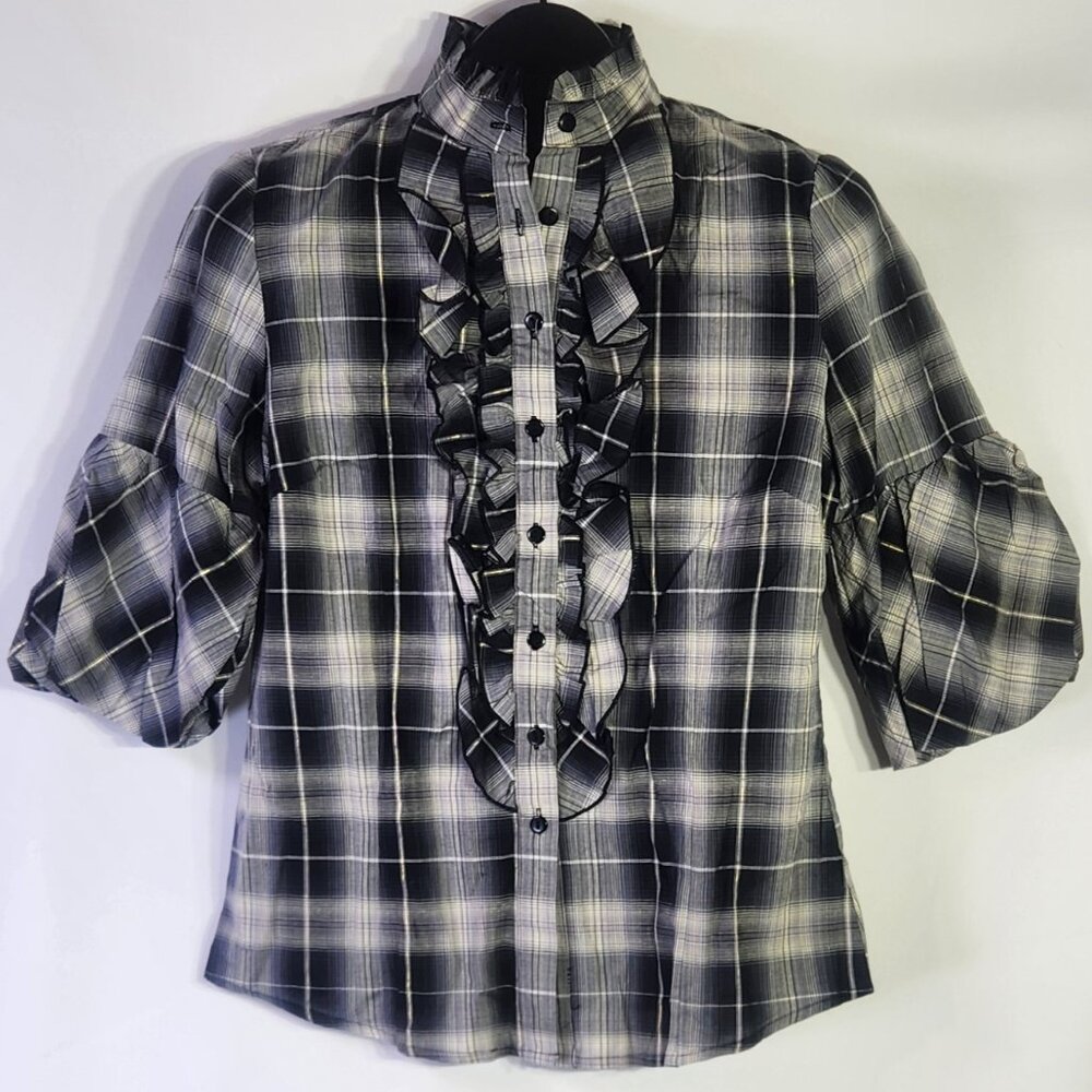 NWT Toi et Moi Women’s Black & White Button Down Ruffled ¾ Sleeve Blouse – Large